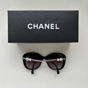 Chanel Black Sunglasses with Pearl Detail and box